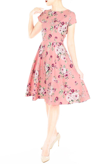 Vintage Rose Garden Flare Tea Dress - Rose Pink